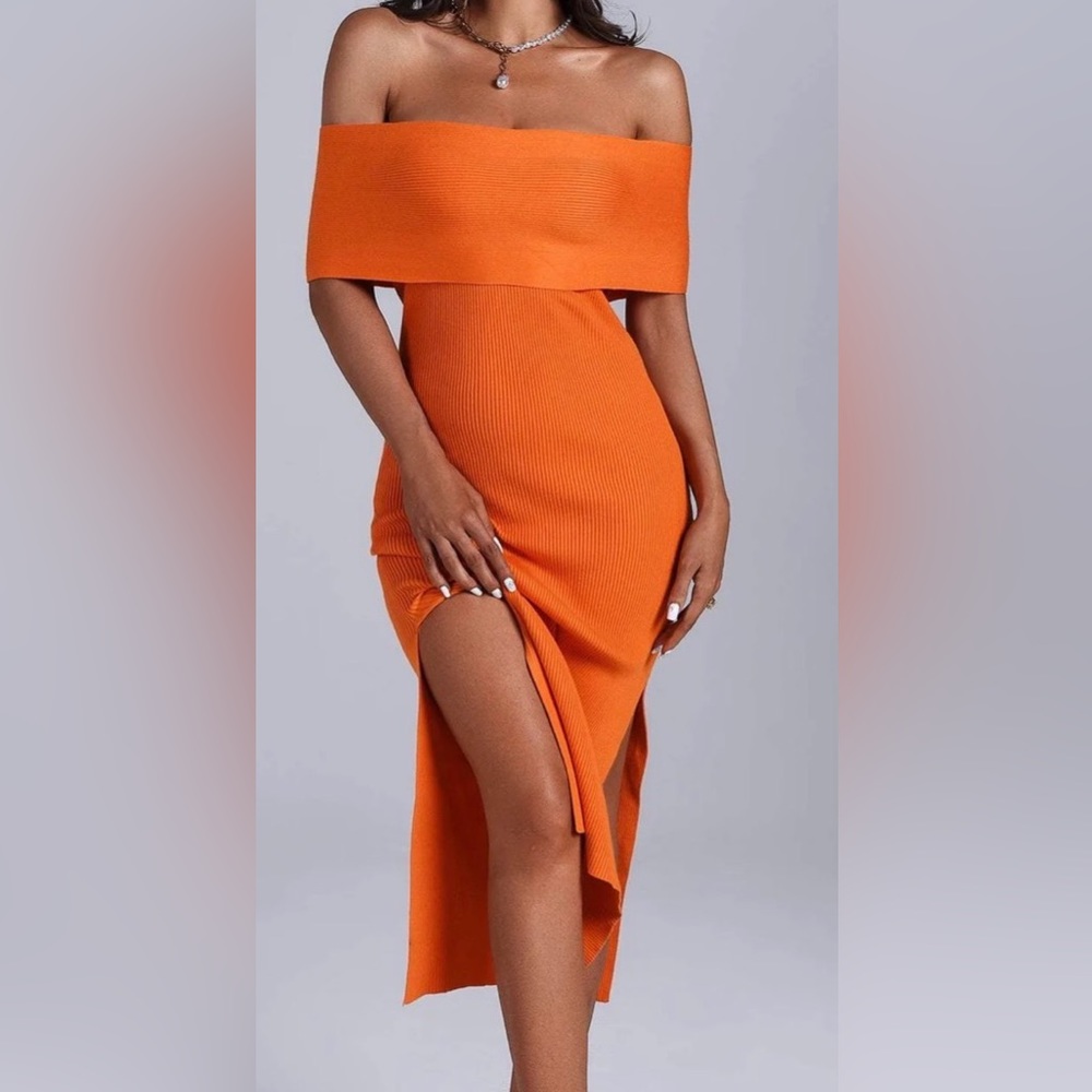 Beautiful orange midi off shoulder sweater dress
